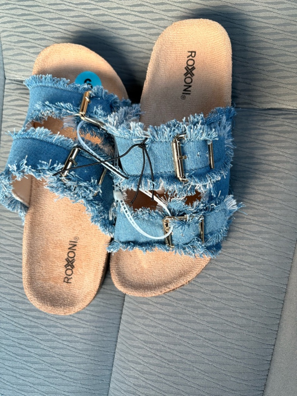 Roxoni Women's Frayed Denim Slide Sandals in Light Blue